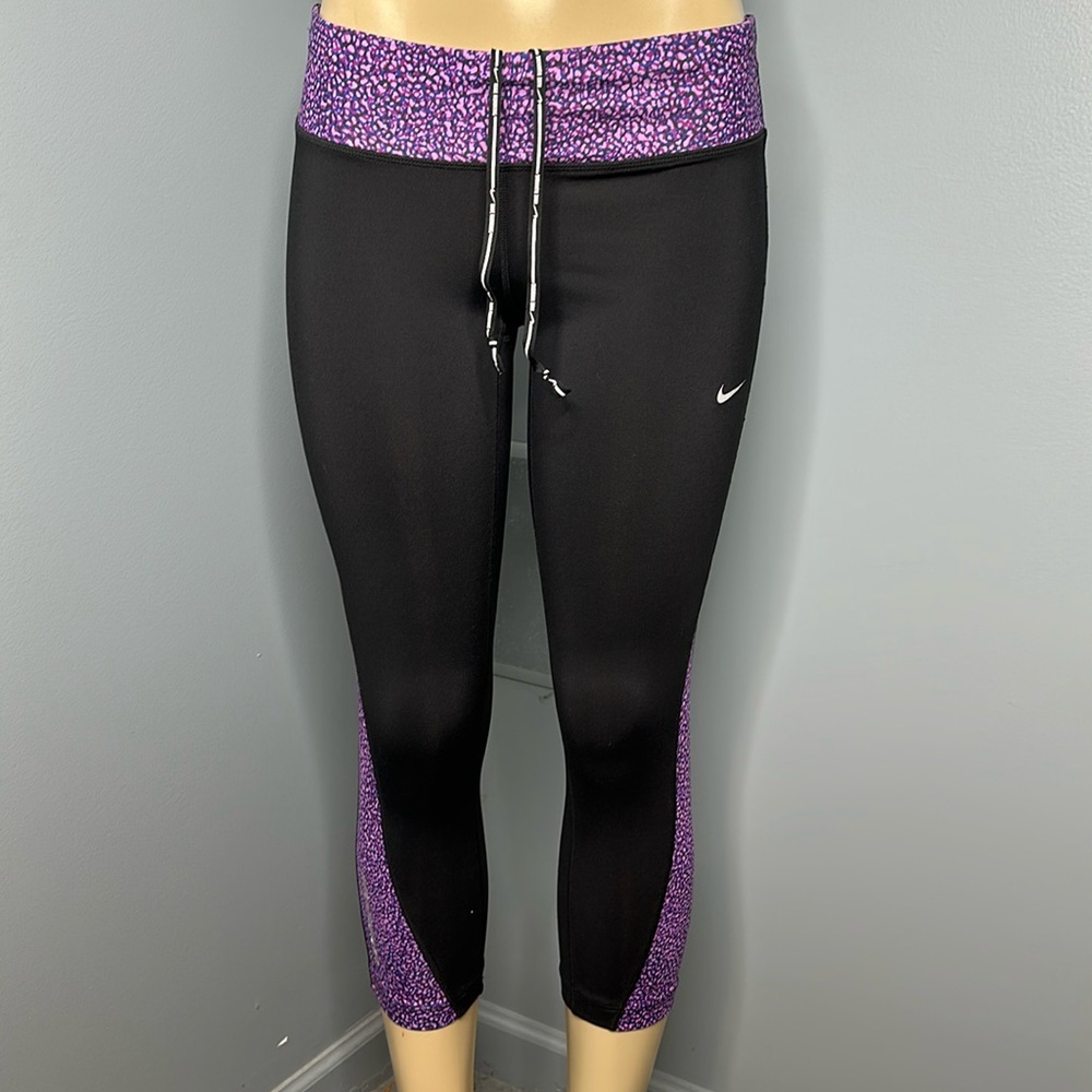 NIKE womens dri fit running capri leggings back zip black purple sz medium